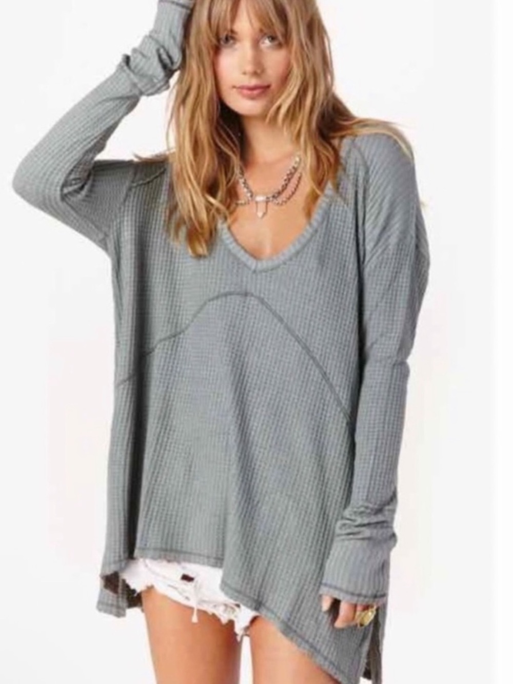 Free People Blue Gray Sunset Park Drippy Thermal Waffle Knit Oversized Shirt Top - Picture 2 of 8